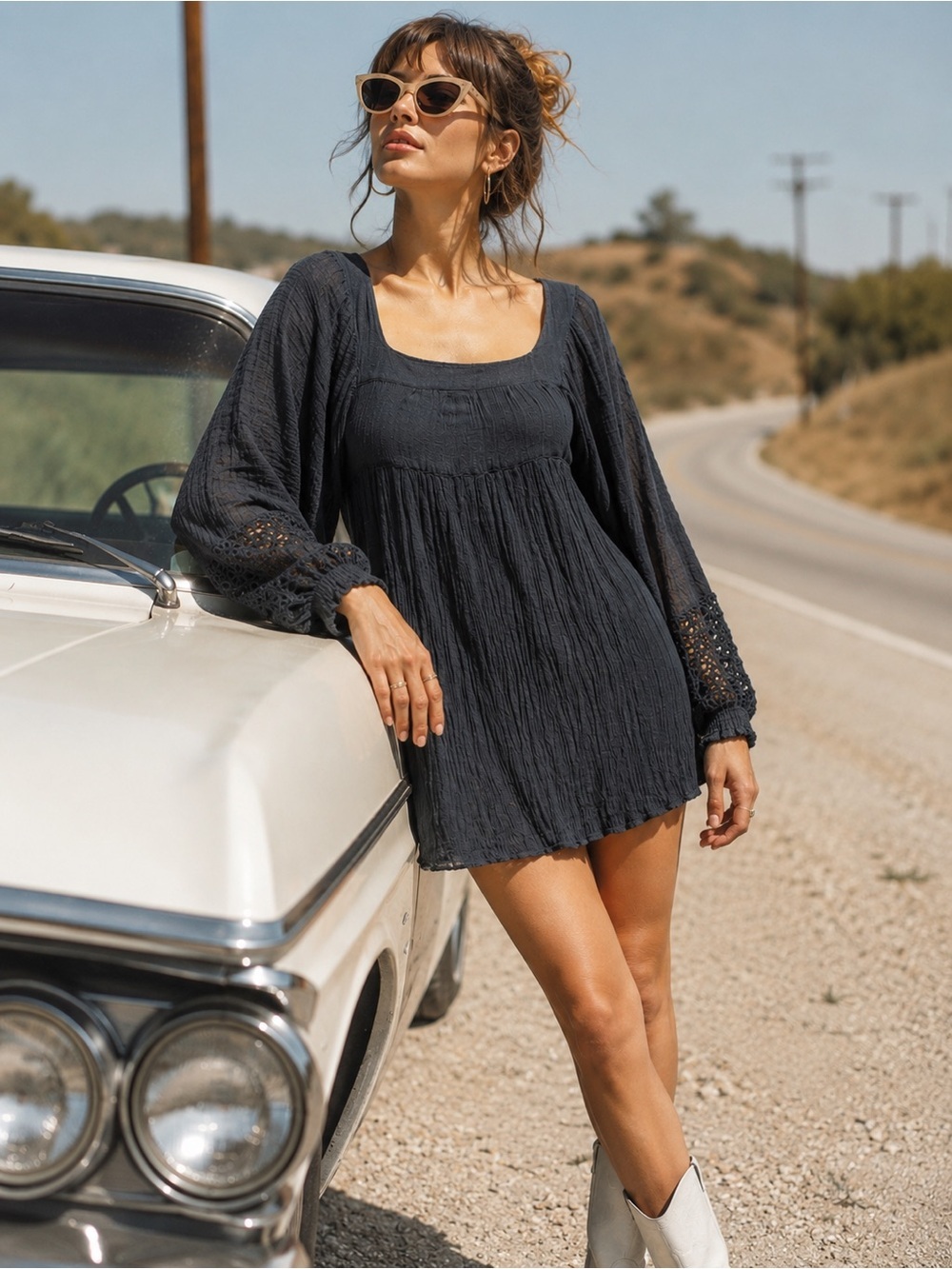 🌙 Jen’s Pirate Booty Babydoll Gauze Dress with Crochet Bishop Sleeves